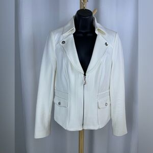White House Black Market White Vneck Lined Zipper Jacket with Quilted Accents